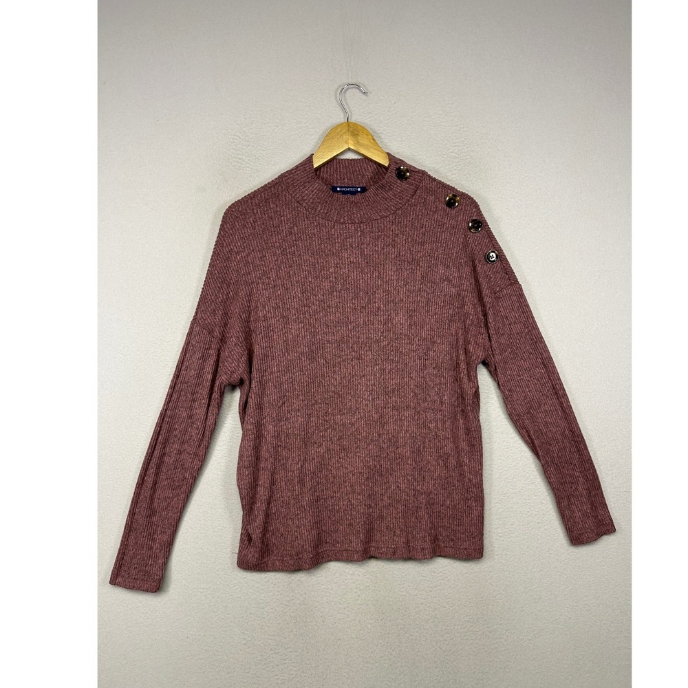 Cozy Minimalist Architect Women Large Mauve Ribbed Mock Neck Button Shoulder Top